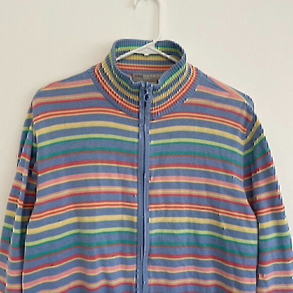VINTAGE SAG HARBOR Blue Pink Yellow Rainbow Stripe Full Zip Sweatshirt / Sweater - Picture 2 of 11
